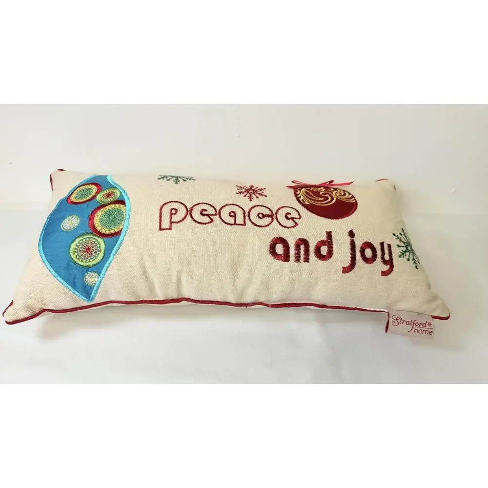 Stratford Home Off-white Embroidered Peace Joy Christmas Pillow 16.5x8